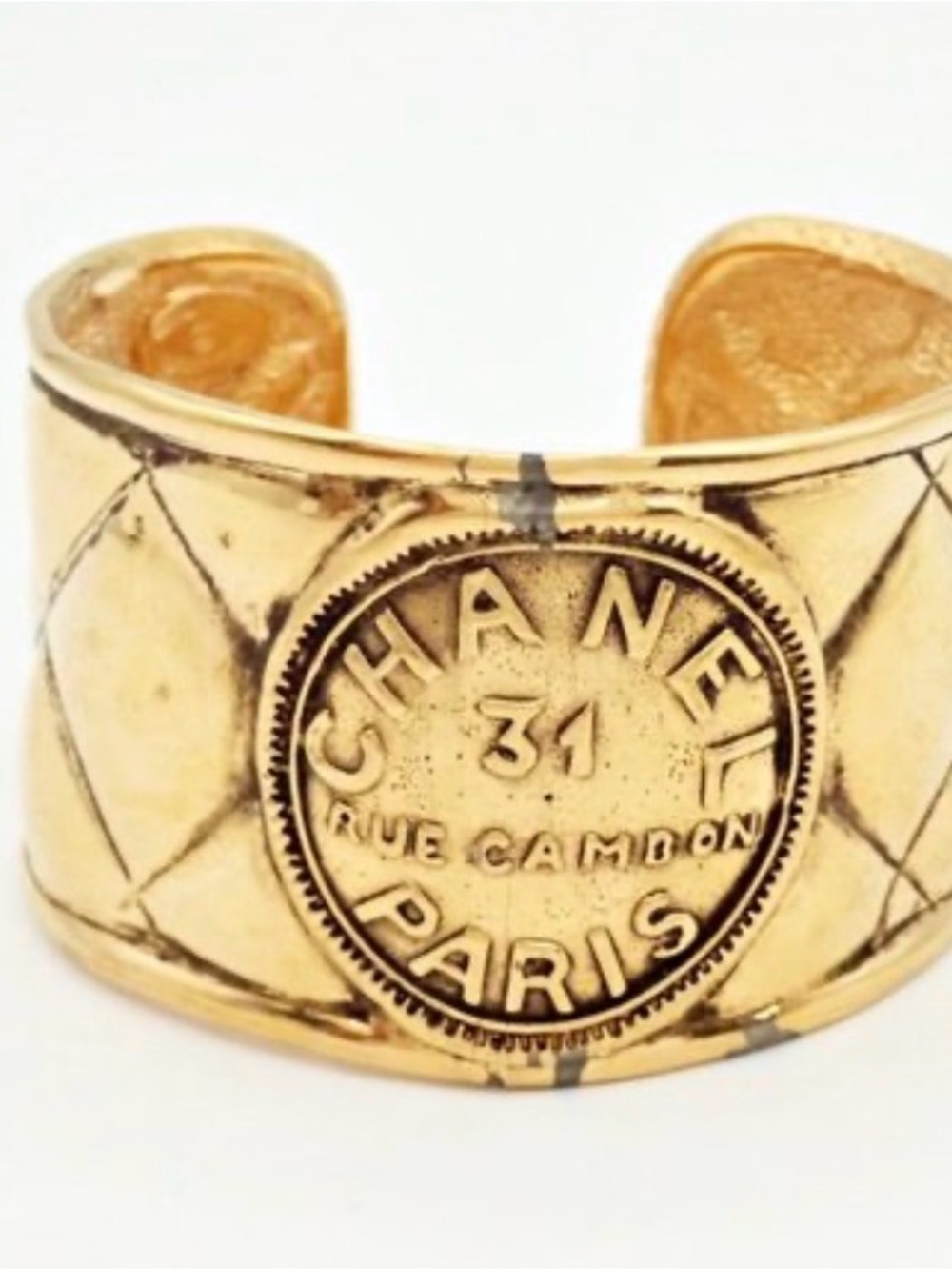 CHANEL Gold Quilted Logo Cuff Bracelet